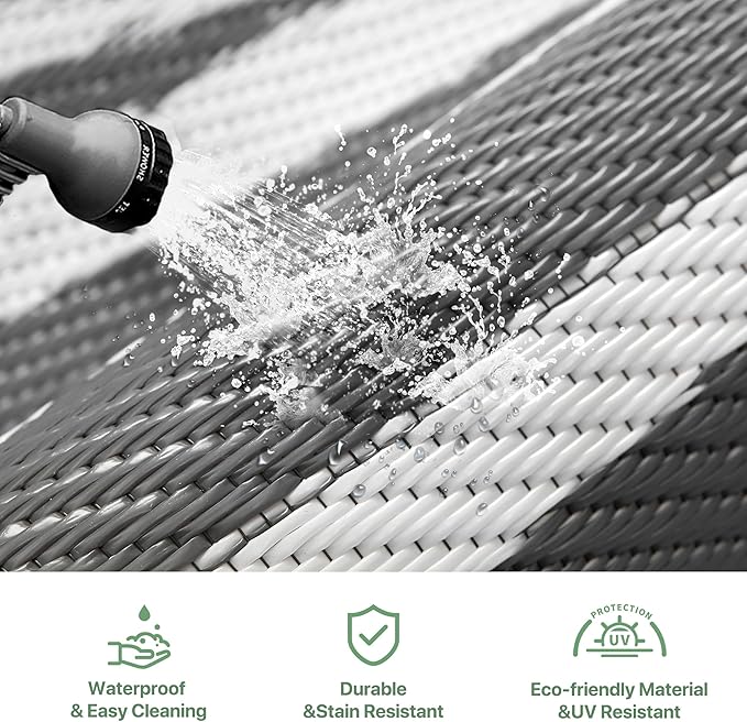 GENIMO Outdoor Rug Waterproof for Patio Decor, 8'x10' Reversible Outdoor Plastic Straw Rug Carpet, Camping Mats for Outdoor Decor, RV, Backyard, Deck, Balcony, Picnic, Grey & White