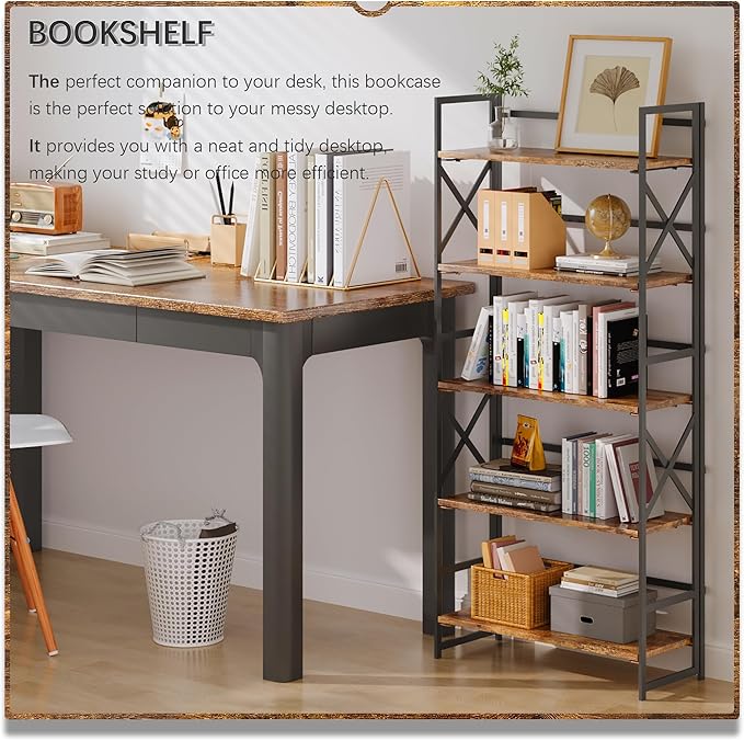 4NM 5 Tiers No Assembly Book Shelves, 51.2" H Folding Bookshelf Bookcase Open Industrial Foldable Shelves for Bedroom, Living Room, Home Office - Rustic Brown Black