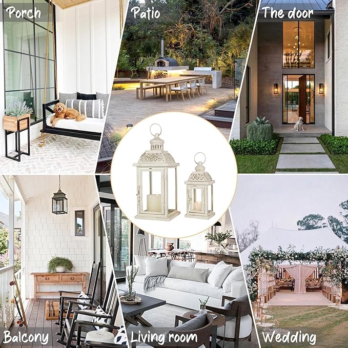 DECORKEY Large Lantern Decorative Outdoor & Indoor, Set of 2 (14’’&10’’) Metal Candle Lanterns Decor, Vintage Hanging Candle Holder for Front Porch Patio Wedding Farmhouse Home, Spring Decoration