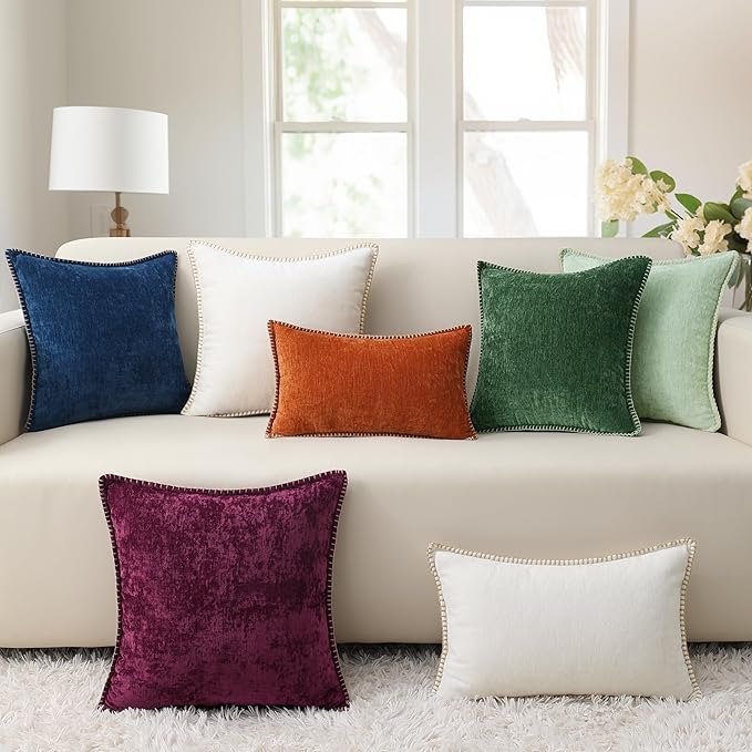 decorUhome Chenille Soft Throw Pillow Covers 22x22 Set of 2, Farmhouse Velvet Neutral Decorative Euro Pillow Covers with Stitched Edge for Couch Sofa Bed Home Decor, White
