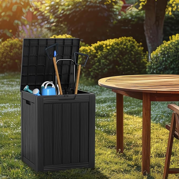 DRATO Deck Boxes, 28 Gallon Outdoor Storage Box for Patio Cushion, Sports Equipment, Garden Tools, Waterproof and UV Resistant, Lockable Black