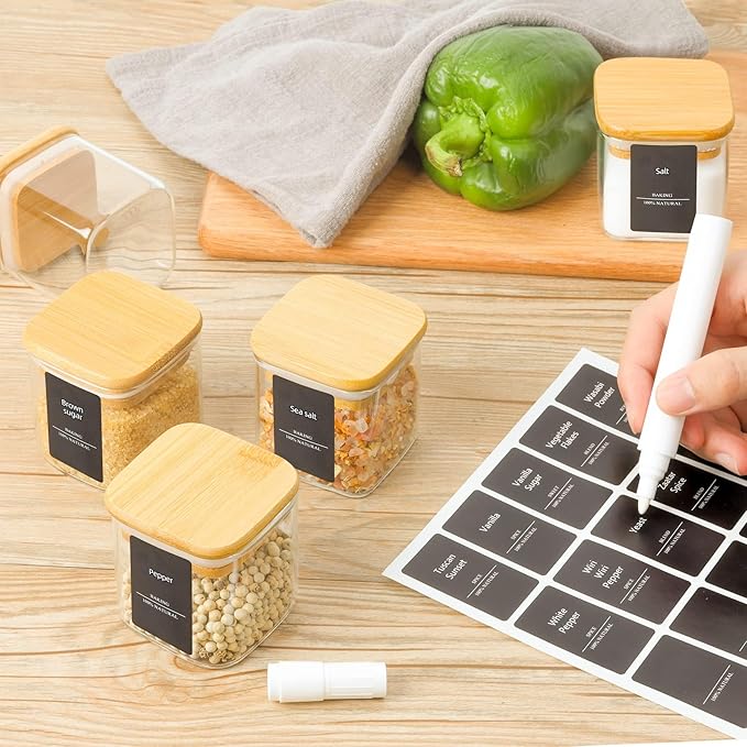 ComSaf 12Pcs Glass Spice Jars with Bamboo Lid, 4oz Airtight Square Spice Containers with 275 Black Lables, Empty Seasoning Jars for Spice Salt Sugar