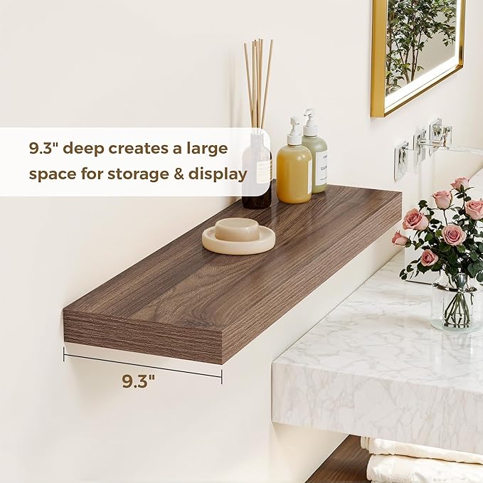 Dreamland 32 Inches Floating Shelves for Wall, 9.3" Deep Long Floating Shelves Set of 2, Large Display & Storage Shelf, Wall Shelf for Bathroom Bedroom Living Room Kitchen Office, Walnut