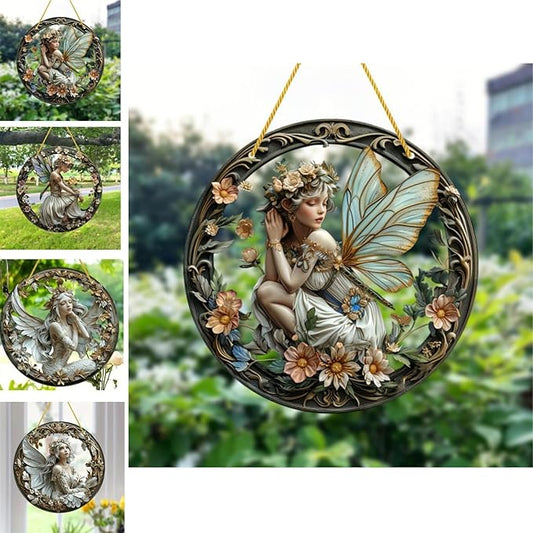 Flower Fairy Garden Decorations Angel Wing Christmas Halloween Deco Statue Art Elf Sculpture Hanging Craft for Outdoor Yard Courtyard Lawn Patio Window Acrylic Ornament Home Gift (A,L: 8*8 IN)
