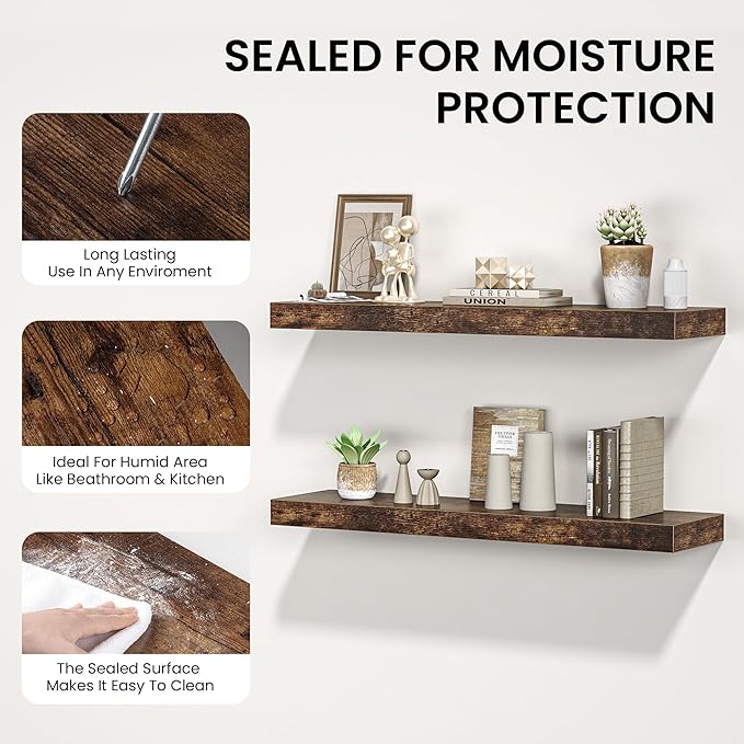 Floating Shelves for Wall, 24"W x 6.7"D x 1.5"H, Wooden Wall Mounted Display Shelf with Invisible Brackets for Living Room, Bedroom, Bathroom, Kitchen Decor and Storage, Set of 2, Rustic Brown