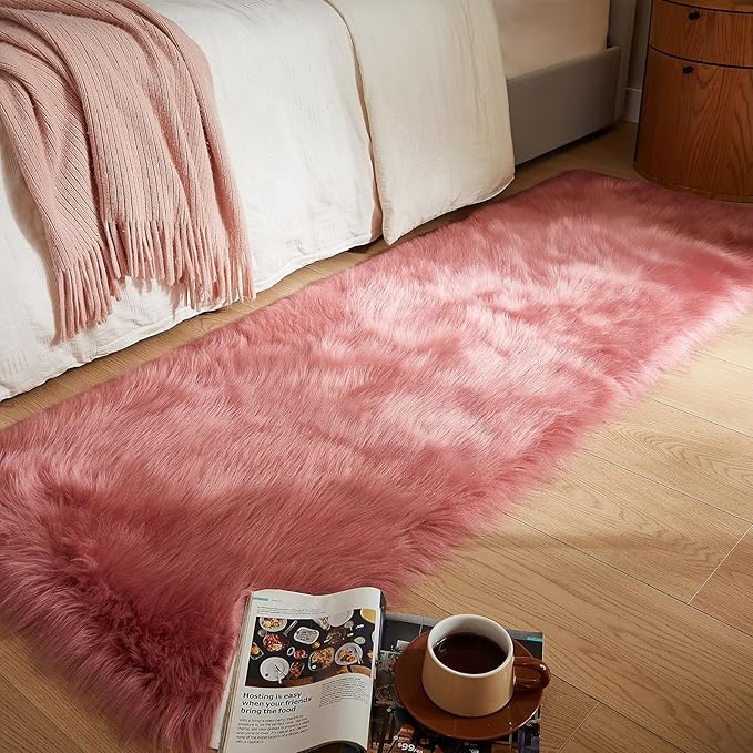 AMTOVO Faux Fur Rug, Blush Pink Ultra Soft Fluffy Shag Sheepskin Rug, 2 x 6 ft Runner Area Rugs for Bedroom Sofa Throw Cushion Room Decor, Rectangle