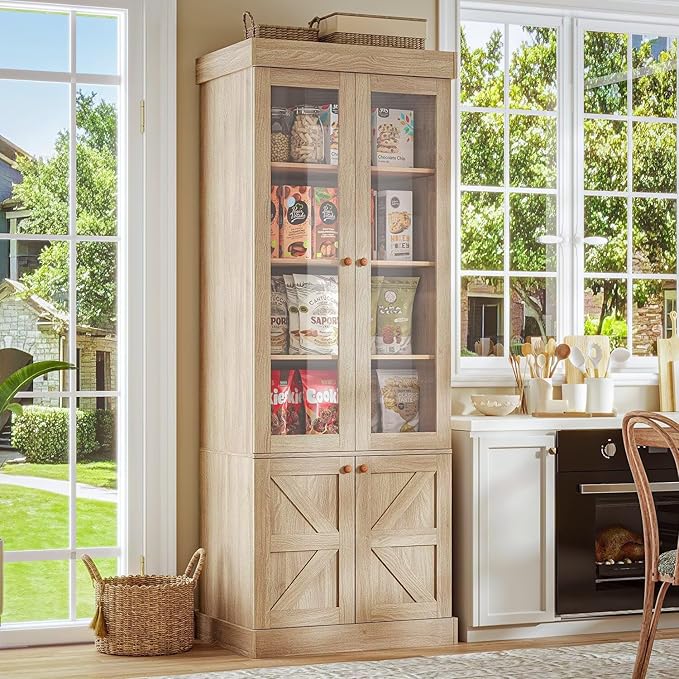 Vyre 71" Tall Farmhouse Bookshelves with Glass Doors, Set of 2 – Large Modular Bookcase with Adjustable Shelves, Storage Cabinet for Living Room, Kitchen, Home Office, Brown