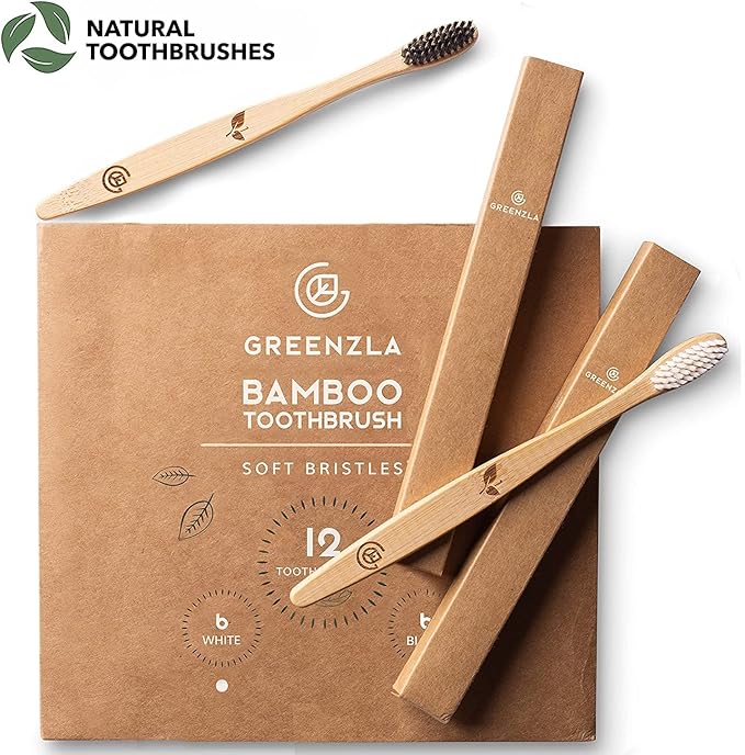 Greenzla Bamboo Toothbrushes for Adults – 12 Pack Wooden Toothbrush Set with Charcoal-Infused Soft Bristles, Natural Oral Care for Daily Use
