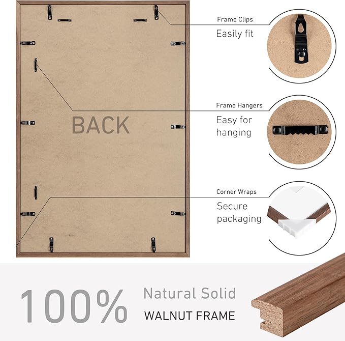 20x30 Poster Frame Set of 2 Natural Solid Walnut Photo Frames with 16x24 Removable Mat Wall Hanging Large Handcrafted Frame with HD Plexiglass Wall and Tabletop Display Large Picture Frame