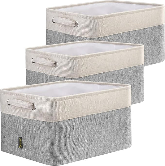 BALEINE 3 Pack Fabric Storage Bins for Shelves, Linen Storage Baskets for Organizing, Decorative Closet Bins for Clothes, Home (Grey, 12"x8"x8")