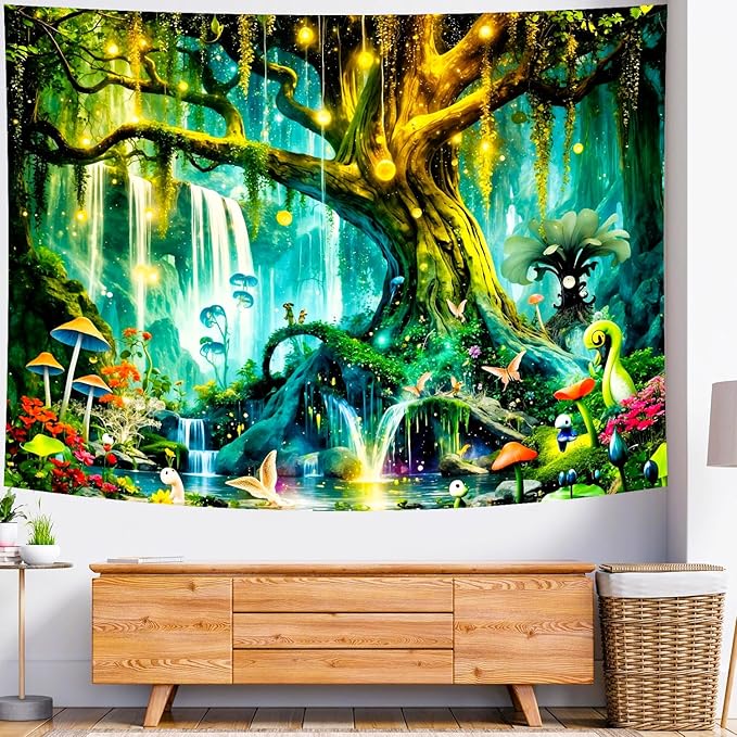 Delur Magical Forest Tapestry Fantasy Tree of Life Enchanted Fairy Tale Forest Tapestry Mystical Psychedelic Nature Landscape Wall Hanging Headboard for Bedroom Living Room Home Decor (51.2" x 59.1")