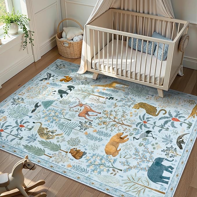 OJIA Animal Print Washable Area Rug 5x7, Soft Nursery Rugs for Living Room Ultra-Thin Non-Shedding Kids Bedroom Rug, Stain Resistant Throw Rug Large Carpet for Dining Room, Light Blue