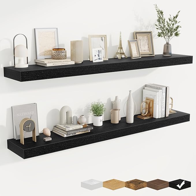 fuqing Floating Shelves for Wall, Bathroom Shelf Wall Mounted for Storage, Shelves with Invisible Bracket for Bedroom, Kitchen, Living Room, Farmhouse Small Book Shelf, 55 Inch Set of 2, Black