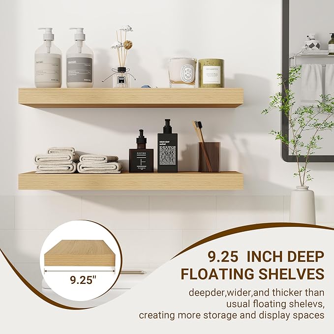 24 Inch Floating Shelves, 3D Textured Wood Grain, 24"x9.25"x1.5" Inch Deep Floating Shelves for Wall, Wooden Shelves for Bathroom, Bedroom, Living Room, Natural