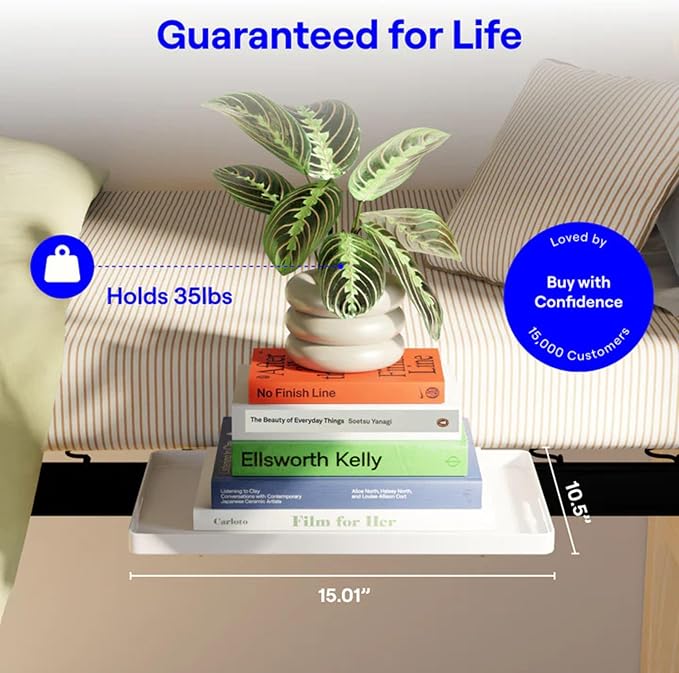 BedShelfie Bedside Shelf for Dorm Room Bunk Bed & Top Bunk, College Dorm Room Essentials, Bedside Caddy, Clip on Floating Tray, Bed Side Table Storage, Loft Nightstand Decor - Dorm Essential, White