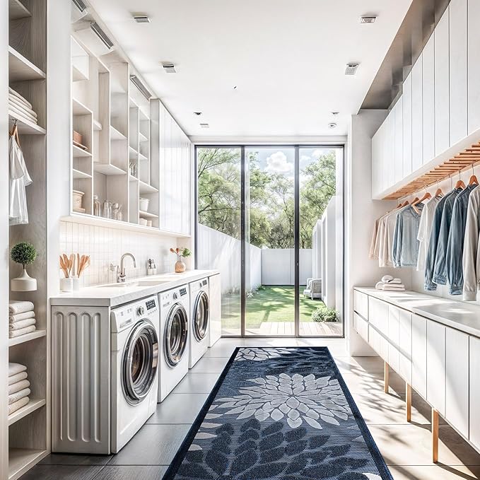 Beverly Rug Outdoor Runner Rug 2x7 Modern Floral Tropical Area Rugs for Indoor and Outdoor Patio Easy to Clean Non Shedding Living Room Porch Garden Washable Outside Carpet (2 x 7 Navy Blue)