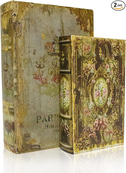 Decorative Book Box Set of 2, Trinket Keepsake Storage Boxes Shaped Storage Box Vintage Style Decorative Book Boxes Antique Books for Decoration Medal Pattern