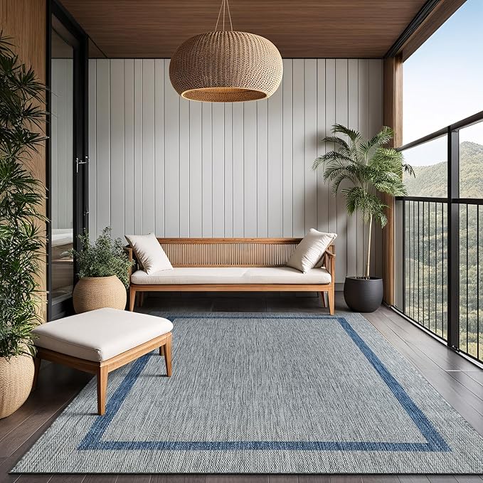 Bordered Outdoor Rug 9x12 Washable Outside Carpet for Indoor Patio Porch Waterproof Easy Cleaning Non Shedding Area Rugs Silver Gray - Blue 9 x 12