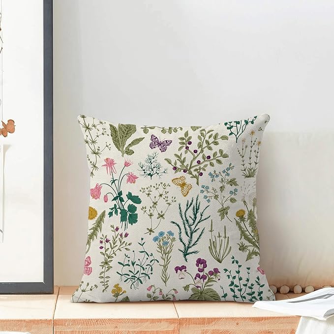 CXMEIFLY Spring Pillow Covers 20 x 20 Inch Set of 2 Vintage Sage Green Teal Wild Flowers Decor Throw Pillows Leaves Plant Outdoor Farmhouse Decorative Cushion Cases for Couch Bed Sofa Decoration