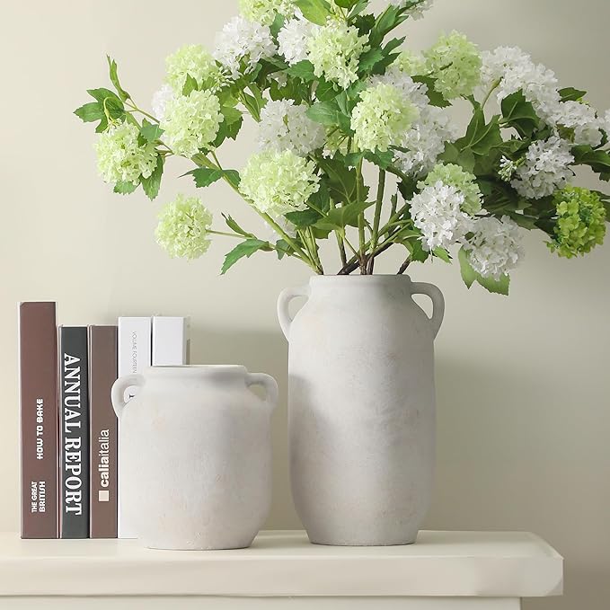 Ceramic Flower Vase Home Decor - 7.6 Inch Farmhouse Rustic White Table Vases with Handle Living Room Decoration Decorative Vintage Pottery for Kitchen Shelf Coffee Dining Desk Bookshelf Fireplace
