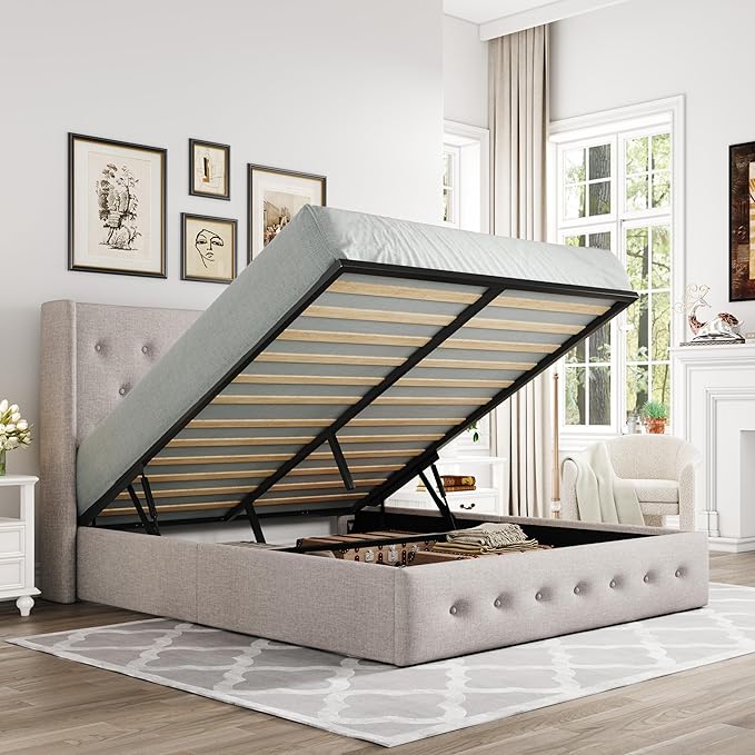 Allewie Queen Size Lift Up Storage Bed, Button Tufted Headboard with Wingback, Hydraulic Support, No Box Spring Needed, Light Beige