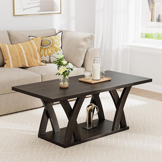 47” Wood Coffee Tables for Living Room Rustic Stands with Storage Shelf Brown Coffee Tables for Living Room. Farmhouse Center Stands with Shelf Farmhouse Rectangle Center Table
