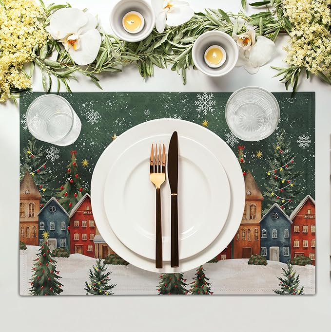 Christmas Placemats 12x18 Inch Set of 4, Winter Xmas Tree Wonderland Forest Village Town House Snowflake Linen Table Mats Washable Place Mats for Party Kitchen Dining Outdoor Indoor Decor