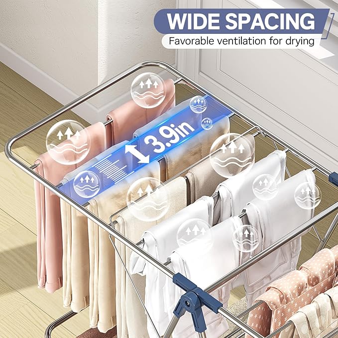 APEXCHASER Clothes Drying Rack with 4 Wings, Drying Rack Clothing with Height-Adjustable, Foldable Gullwings Laundry Drying Rack, Indoor Outdoor Use, No Assembly, Blue