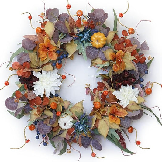 Fall Wreaths for Front Door Outside 24 Inch Autumn Wreath with Pumpkins, Silk Leaves & Purple Flowers Autumn Wreaths for Front Door, Halloween Wreath Decoration, Thanksgiving Decor