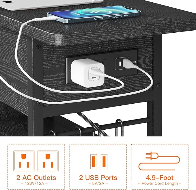 End Table with Charging Station, Flip Top Nightstand with USB Ports and Outlets,Couch Side Table with Fabric Bag and Hooks, Bedside Table for Space Saving, Living Room, Bedroom (Black)