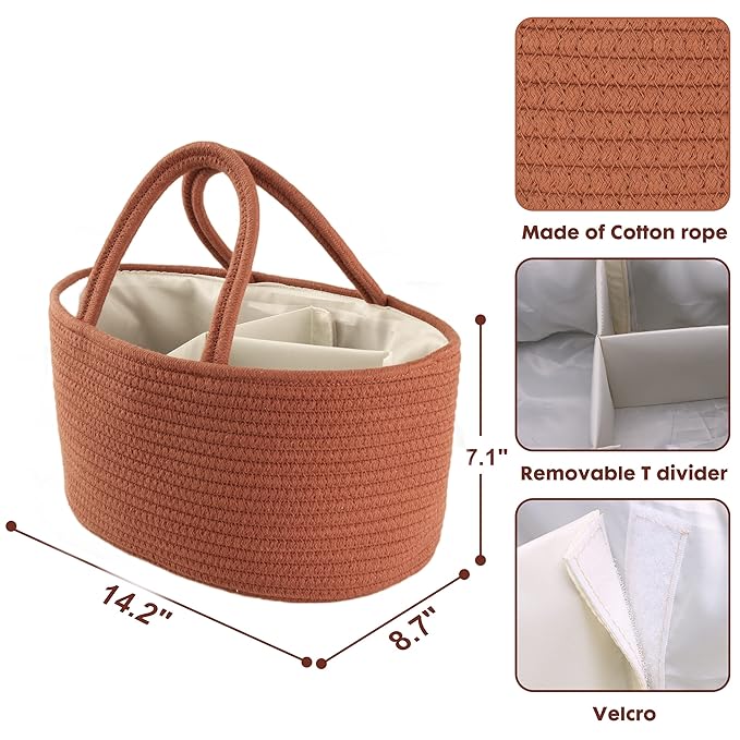 Baby Diaper Caddy Organizer for Girl Boy Cotton Rope Nursery Storage Bin Basket Portable Holder Tote Bag for Changing Table Car Travel Baby Shower Gifts Newborn Essentials Registry Must Have Rust