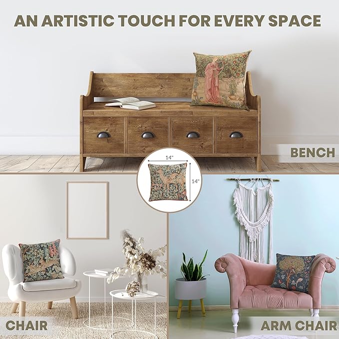 Charlotte Home Furnishings Decorative Tapestry Pillow Cover 14x14 in, Green Two Does Couch Throw Pillow Cover, French Country Square Cushion Cases for Bed Room Home Decor, Soft Cotton Jacquard Woven