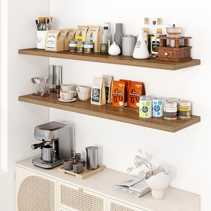 55" Floating Shelves for Wall, 12" Deep Slim Walnut Floating Shelves, Wall-Mounted Shelves for Bedroom, Living Room, Kitchen, Bathroom - Set of 2