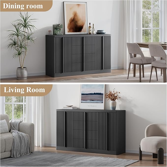 Buffet Cabinet with Storage, 60" Fluted Coffee Bar with 4 Drawers & 2 Doors, Modern Sideboard Buffet with Solid Wood Handle, Credenza Storage Cabinet for Living Room Kitchen Dining Room, Black(1PCS)