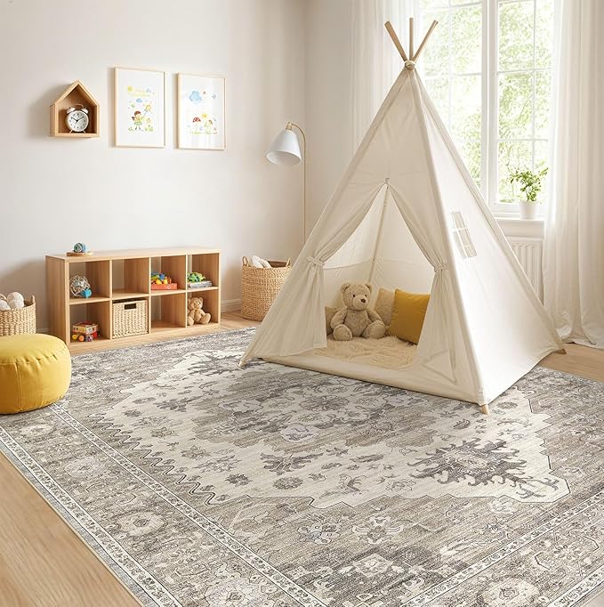 Washable Area Rugs for Living Room -7x10 Neutral Vintage Distressed Floral Farmhouse Boho Large Soft Floor Rug Indoor Non Slip Carpet for Living Room Bedroom Dining Room Office-Brown/Beige