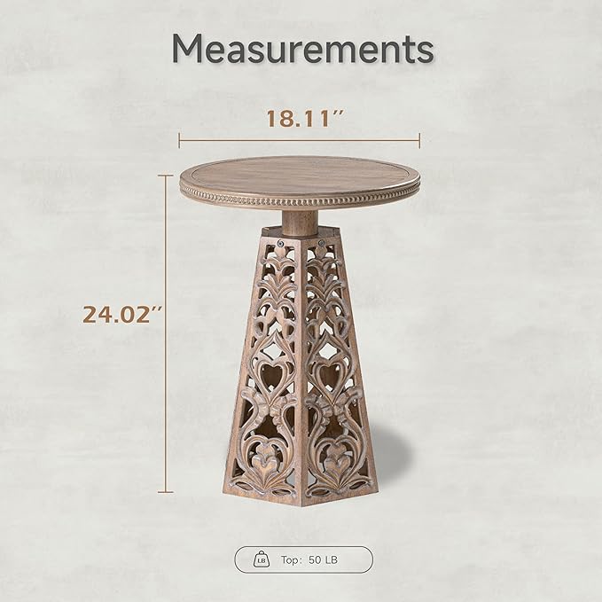 Rustic Farmhouse Wooden End Table, Distressed Round Accent Table with Intricate Carved Floral Patterns, Boho, for Living Room, Bedroom, or Entryway, Distressed Wood Color
