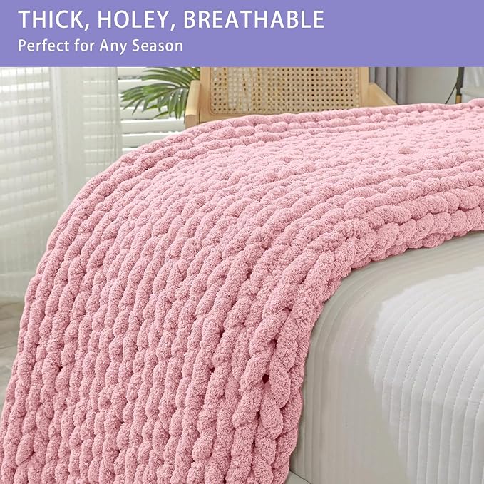 Bigacogo Chunky Knit Throw Blanket for Couch, 40x60 inches, 100% Hand Knitted with Thick Jumbo Chenille Yarn, Cozy Soft Large Rope Knot Cable Crochet Blankets for Sofa Bed Living Room, Blush Pink