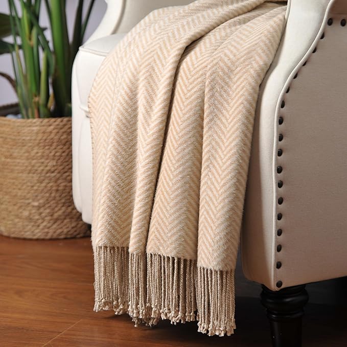 CUDDLE DREAMS Silk Throw Blanket with Hand-Knotted Fringe, Natural, Soft & Breathable (Herringbone-Taupe)