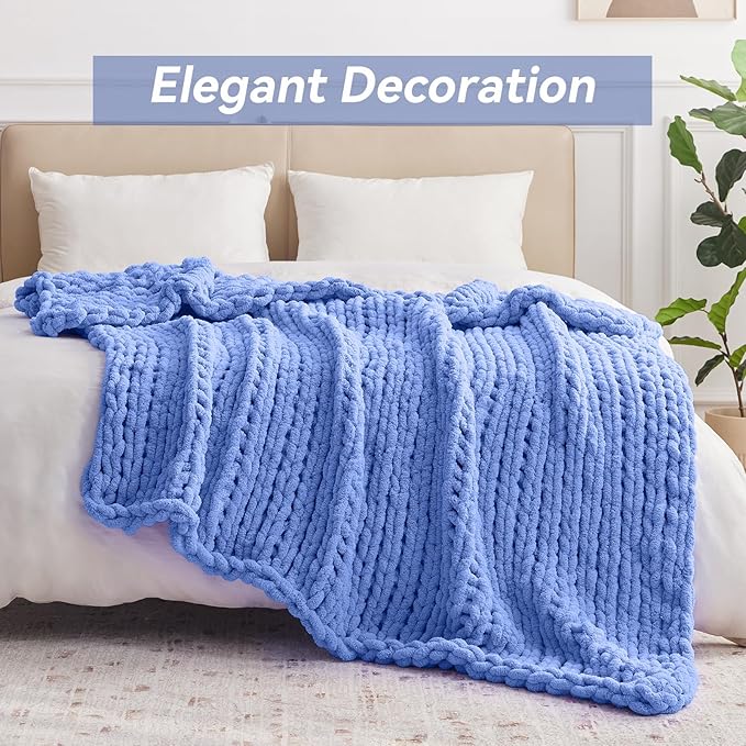 Chunky Knit Throw Blanket, 60''*80'' Knitted Throw Chenille Yarn for Bed Couch, Handmade Light Blue Crochet Big Thick Blanket, Machine Washable Cute Comfy Blanket for Home Decor