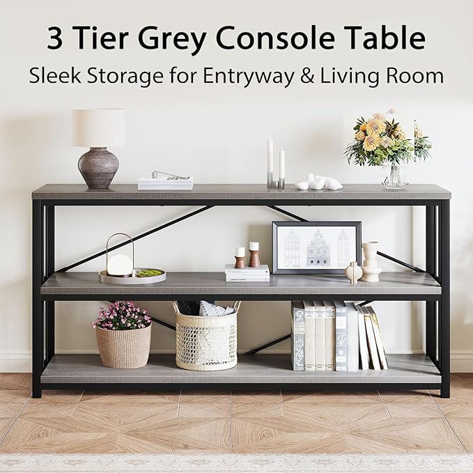 LVB Long Console Table with Storage, Farmhouse Rustic Skinny Entryway Table, Modern Wood Metal Hallway Sofa Table with Shelf, Industrial Narrow Couch Entry Table for Foyer Living Room, Light Grey, 63