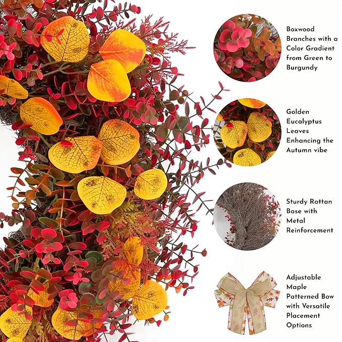 CYANBLOOM Fall Front Door Wreath: 24 Inch Large Burgundy Boxwood Eucalyptus Wreaths with Maple Bow for Rustic Farmhouse Decor - Weatherproof Outdoor Indoor All Season - Thanksgiving Halloween Decor