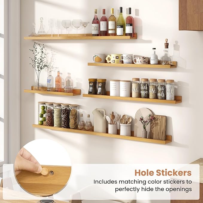 Fun Memories Picture Ledge Shelves Set of 2, 55 Inch Rustic Wall Mounted Floating Shelves with Lip for Home Storage and Décor in Bathroom, Kitchen, Nursery, Bedroom, Living Room, Oak