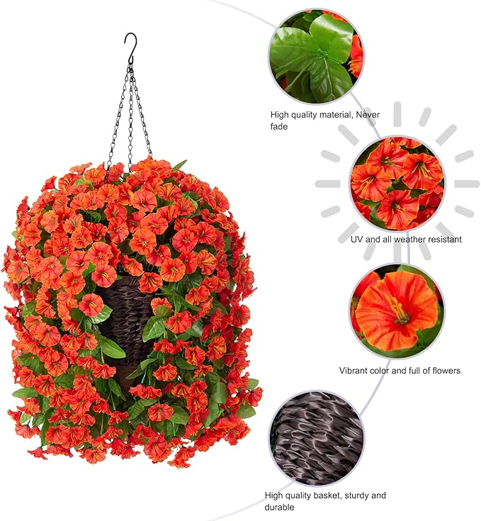 Artificial Fake Hanging Flowers Plants Baskets for Outdoor Fall Decoration, Faux Silk Orange Morning Glory in Planter UV Resistant Look Real for Home Porch Patio Balcony Yard Decor