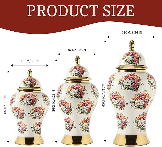 Ginger Jars for Home Decor, White Gold Ceramic Vase with Colorful Floral Pattern, Handmade Decorative Flower Vase with Lid for Home, Kitchen, Office, Table, Bookshelf, Mantle Fireplace,(18in)