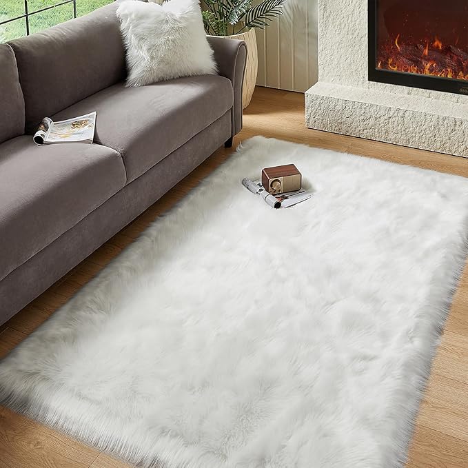 AMTOVO Faux Fur Sheepskin Rug for Living Room, 4 x 6 ft White Fluffy Area Rug for Bedroom, Playroom, Luxury Room Decor, Rectangle