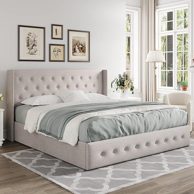 Allewie Queen Size Lift Up Storage Bed, Button Tufted Headboard with Wingback, Hydraulic Support, No Box Spring Needed, Light Beige