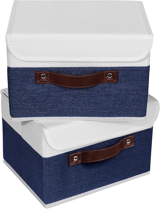 ANMINY 2PCS Storage Boxes with Lid Washable Decorative Storage Bin Basket with PU Leather Handle Foldable Linen Fabric Storage Cube Container for Home Closet Organizer - Deep Blue White, Small Size