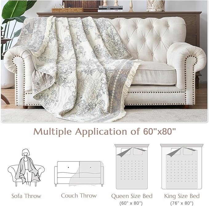 jinchan Boho Floral 100% Cotton Blanket 4-Layer Throw Blanket with Tassel Grey and White Flower Butterfly Soft Luxury Rustic Farmhouse Decor Blanket for Couch Bed 60x80 inch All Season Gift for Women