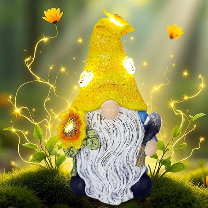 Garden Gnomes Outdoor Decor Solar Gnomes Statues with Butterfly Bee Sunflower Led Lighted Dwarf Outside Decorations for Yard Patio Lawn Ornaments Gifts for Women Mom