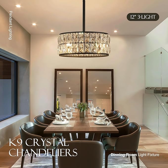 12” 3-Light Modern Crystal Chandeliers Black Dinning Room Light Fixture with Two Poles, Round Pendant Light Kitchen Island Chandelier, Flush Mount Ceiling Light for Living Room Entryway